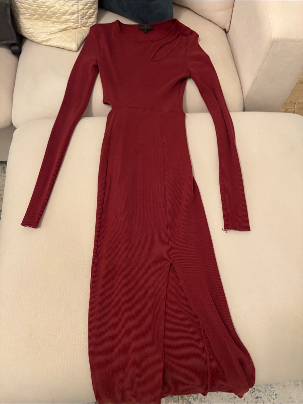 Long Sleeve Ribbed Midi Dress in Deep Wine Red